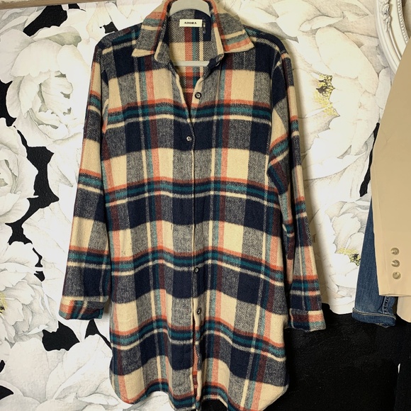 Oversized plaid Shacket Jacket navy/tan warm cozy mountain vibes hygge L/G - Picture 1 of 6